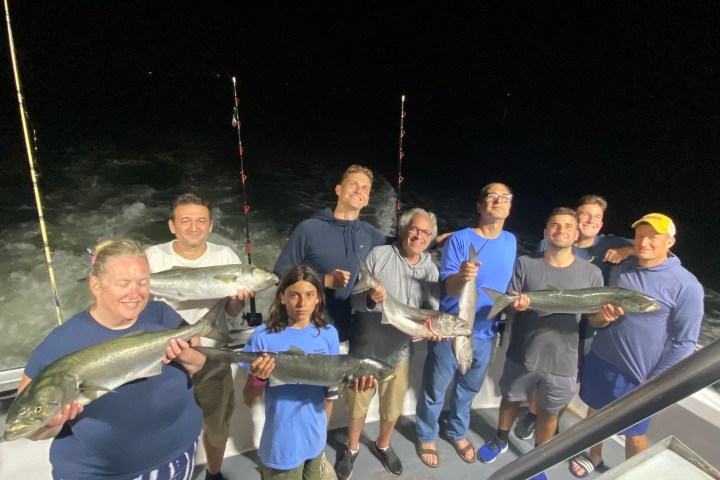 a group of people standing in front of a fish